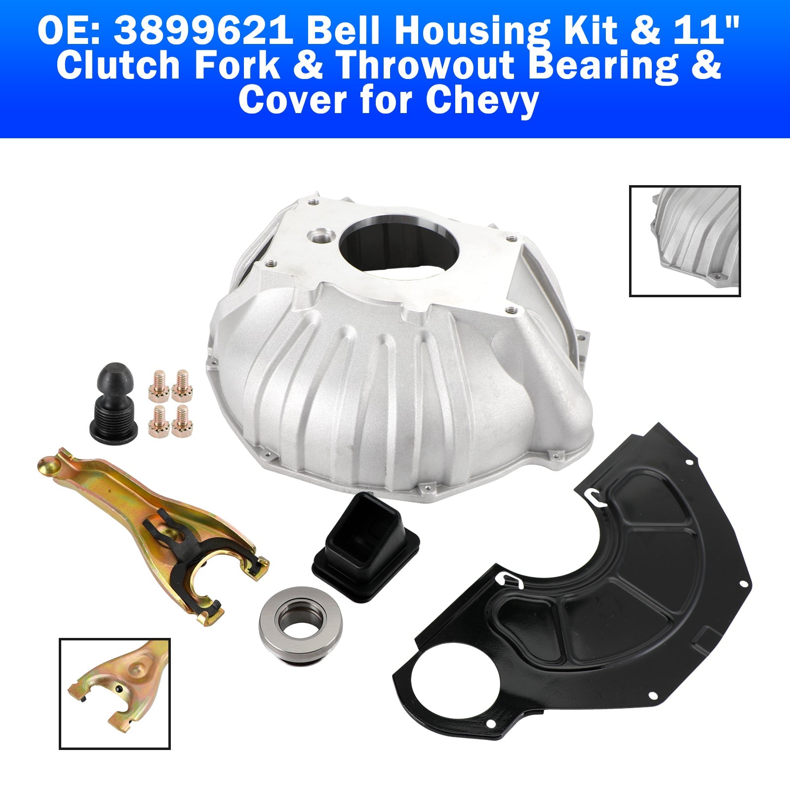 3899621 1959-1988 Chevy Impala, Caprice, Bel Air, Biscayne, Brookwood, Kingswood, Nomad, Sedan Delivery* Kit de carcasa de campana y horquilla de embrague de 11" y cojinete de desembrague y cubierta Fedex Express