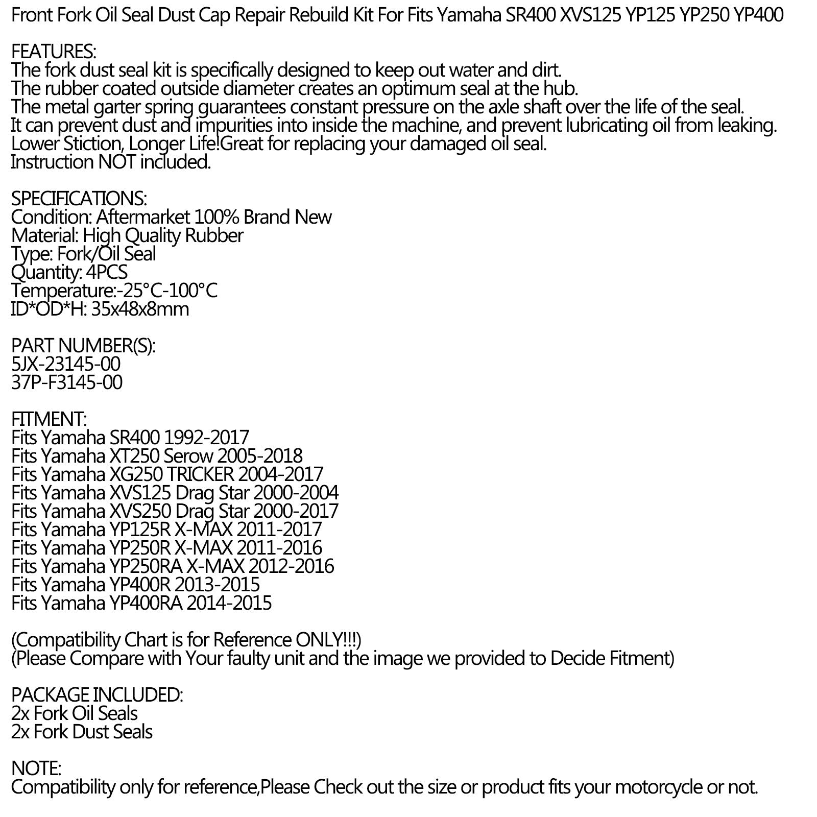 Front Fork Seal Set Oil Dust for Yamaha 125 250 XVS YP 5JX-23145-00 37P-F3145-00 Generic