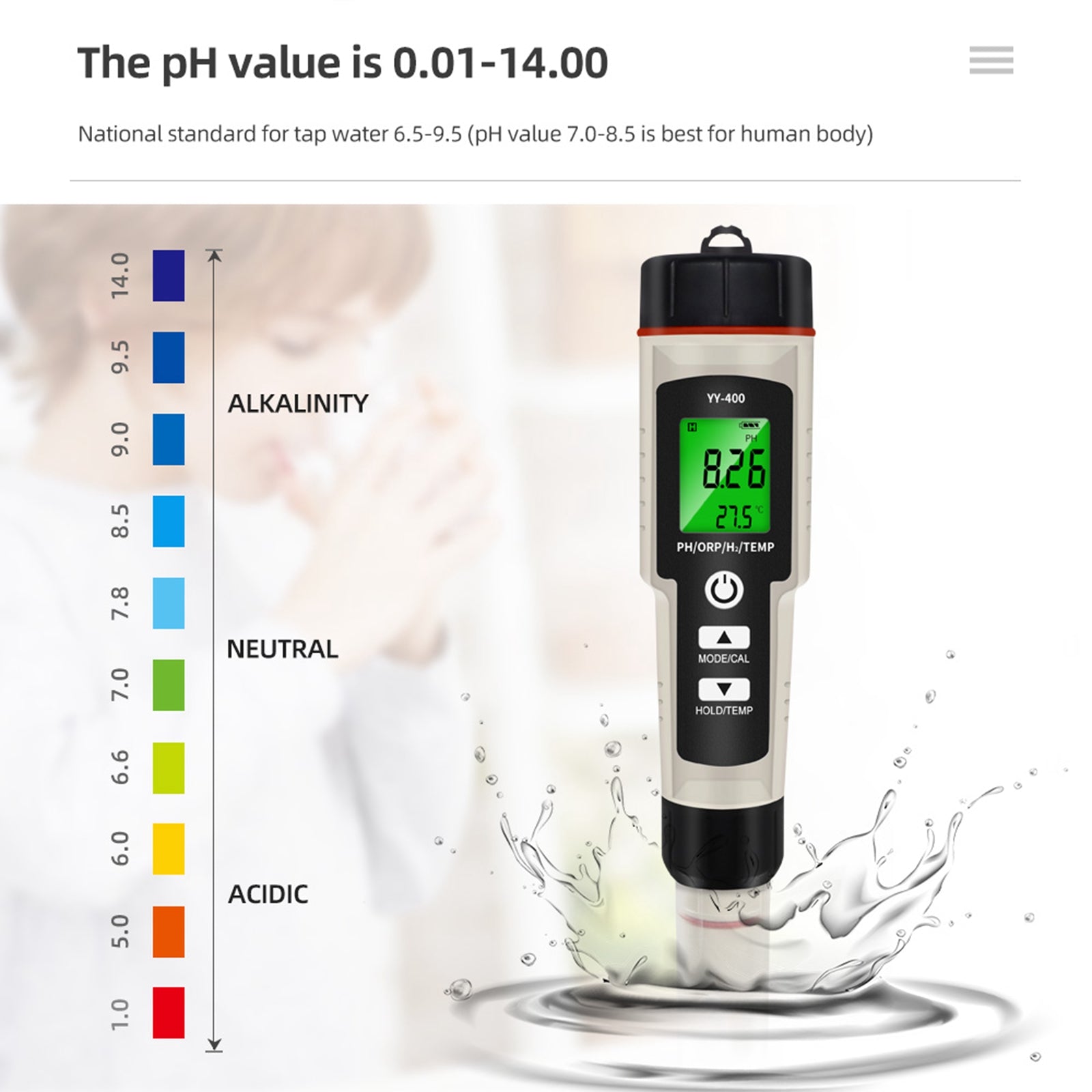 قلم اختبار محمول 4 في 1 غني بالهيدروجين PH/ORP/TEMP جهاز قياس جودة المياه