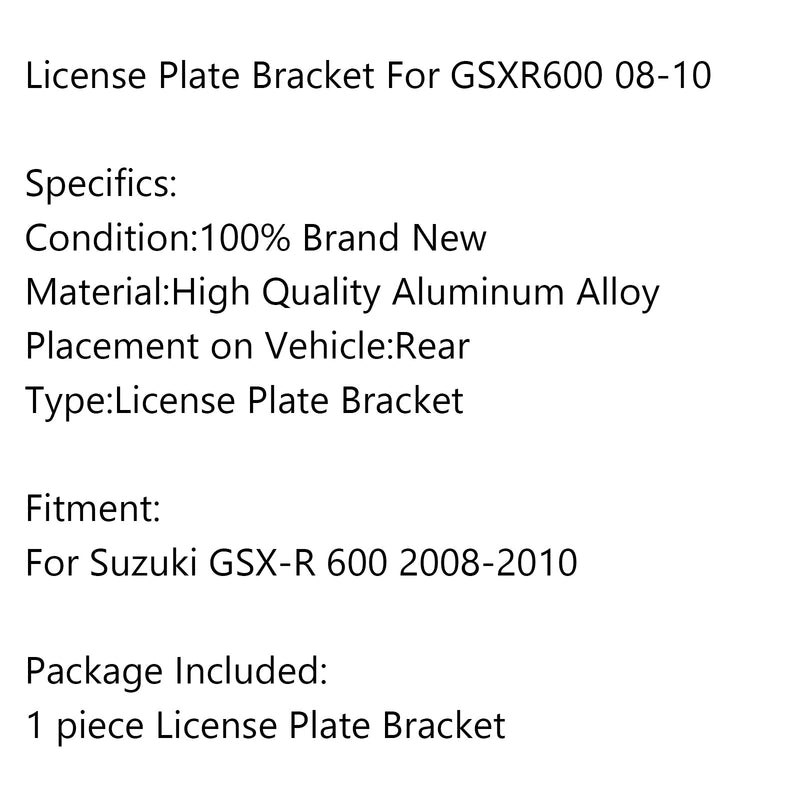 Rear License Plate Holder Bracket For Suzuki GSX-R 600 2008-2010 Generic