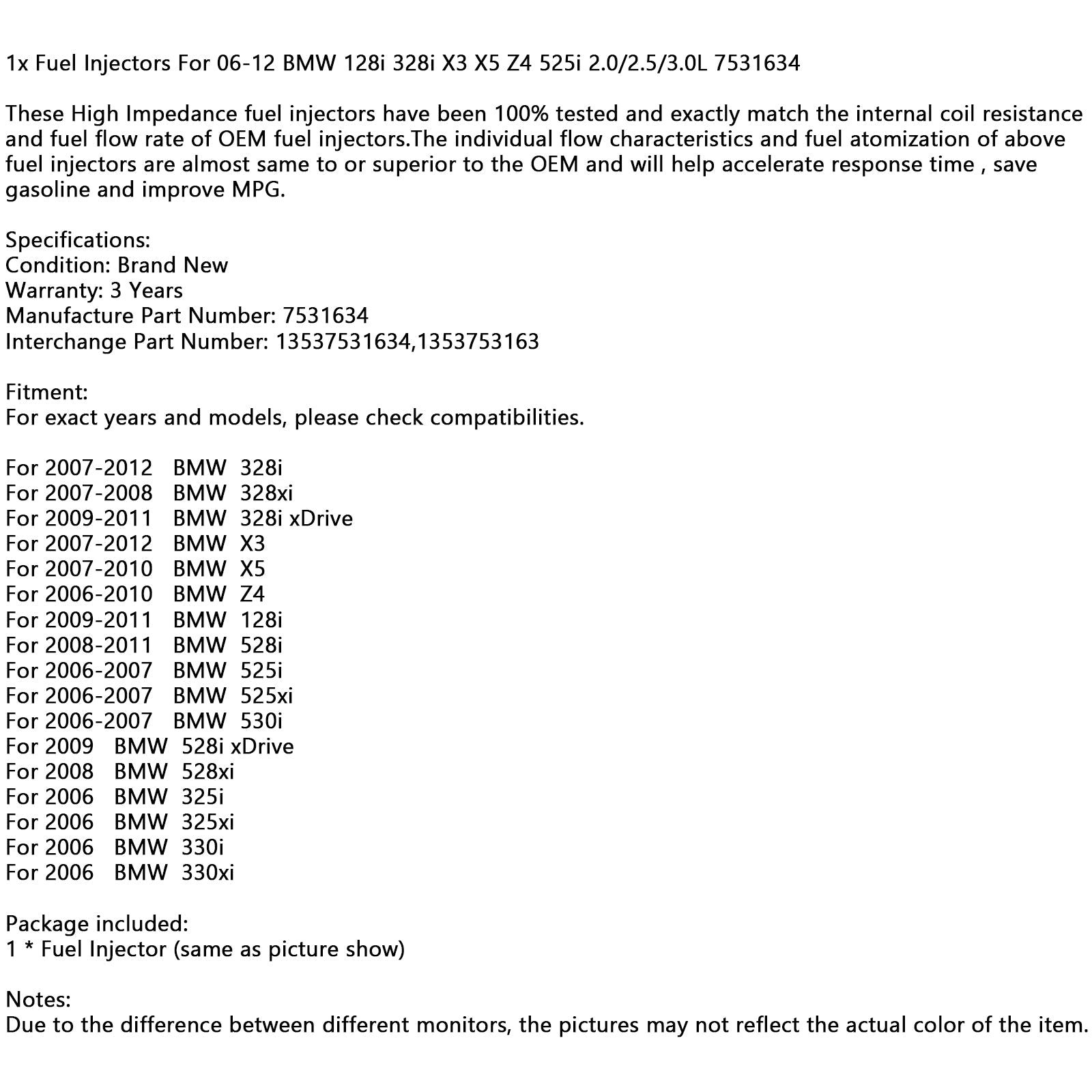 1x Fuel Injectors For 06-12 BMW 128i 328i X3 X5 Z4 525i 2.0/2.5/3.0L 7531634 Generic