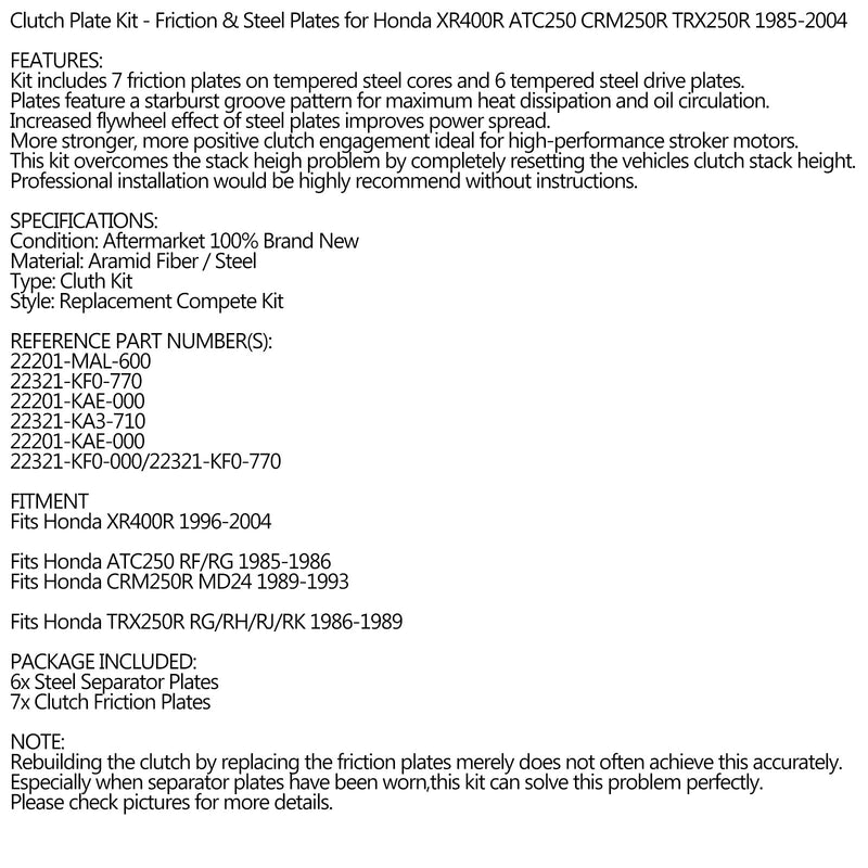 Clutch Kit Steel & Friction Plates for Honda XR400R ATC250 CRM250R TRX250R 85-04 Generic
