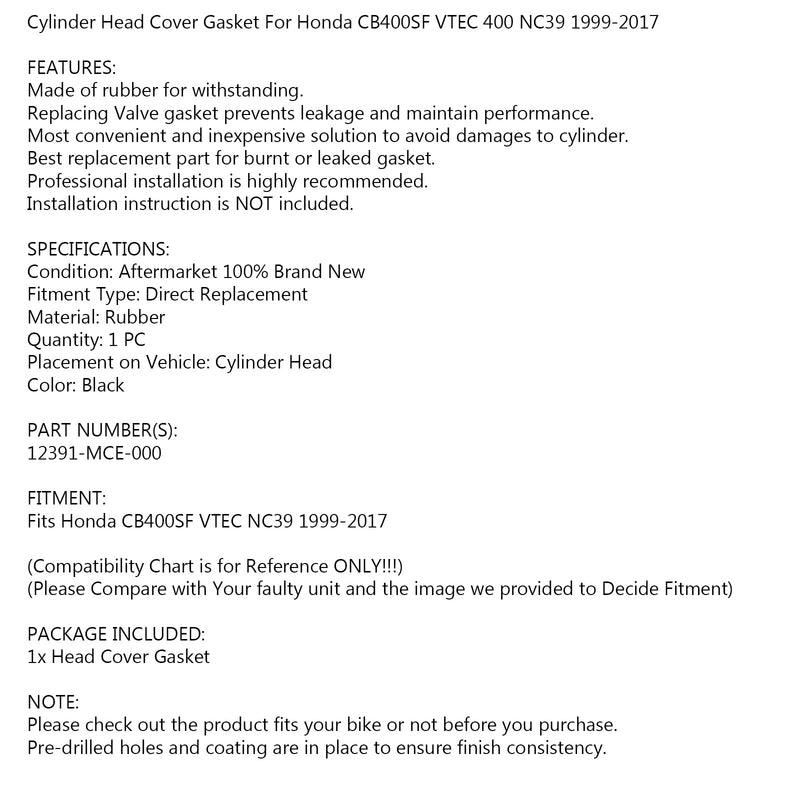 Valve Cover Gasket Seal for Honda CB400 SUPER FOUR CB400SF VTEC NC39 1999-2017 Generic