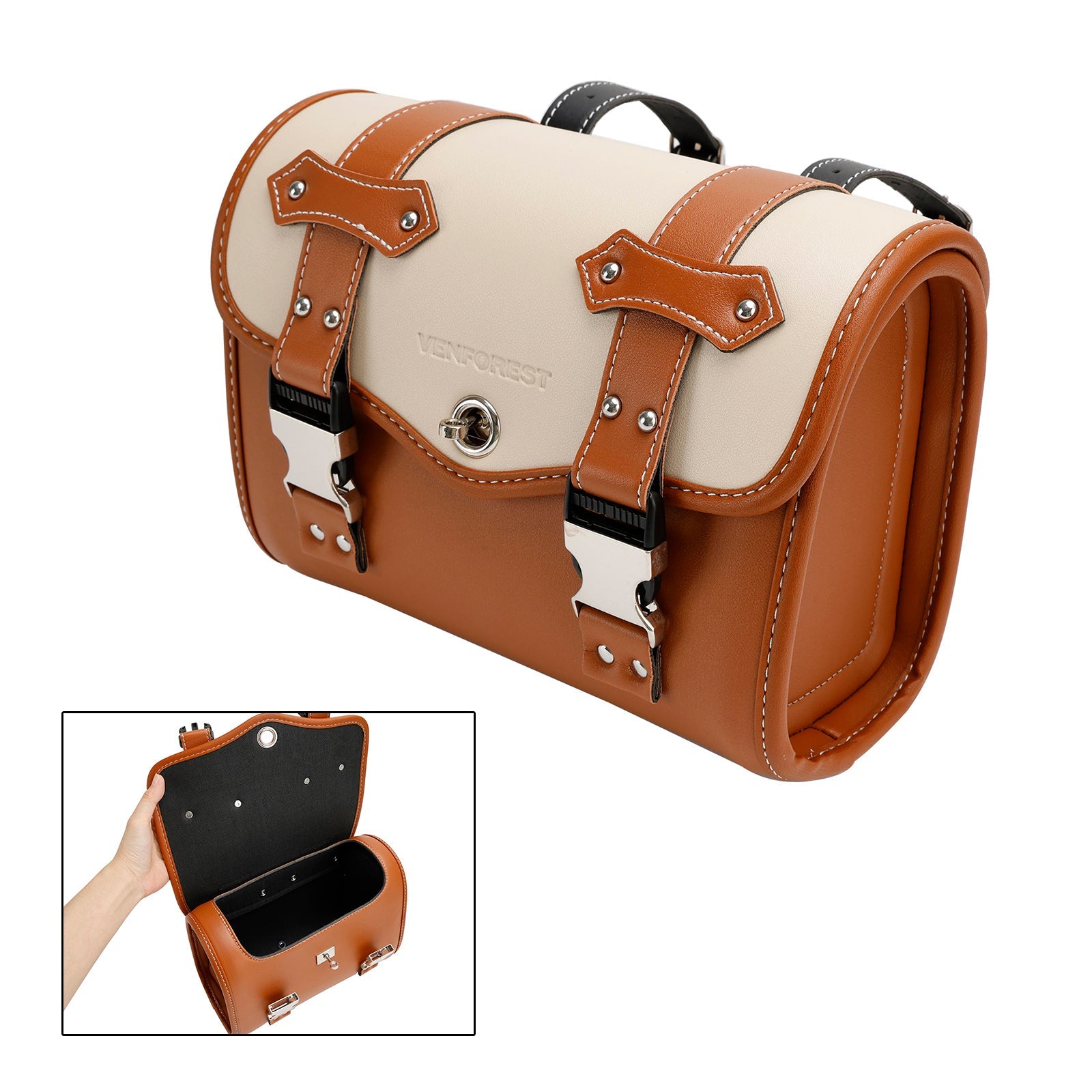 Saddlebag Side Storage Tool Bag Universal Color Matching Pu For Motorcycle Brown-White