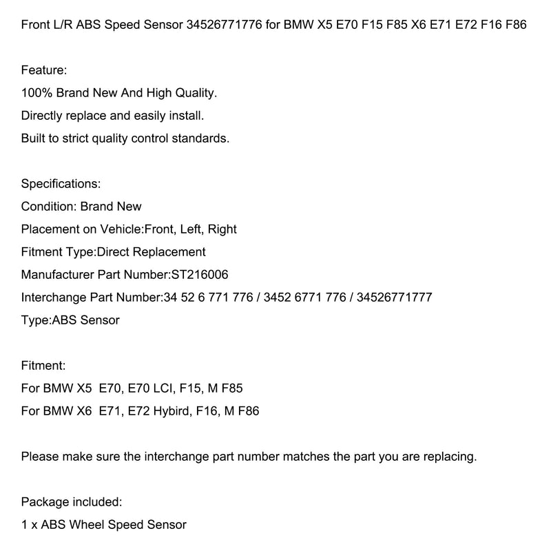 Front L/R ABS Speed Sensor 34526771776 for BMW X5 E70 F15 F85 X6 E71 E72 F16 F86 Generic