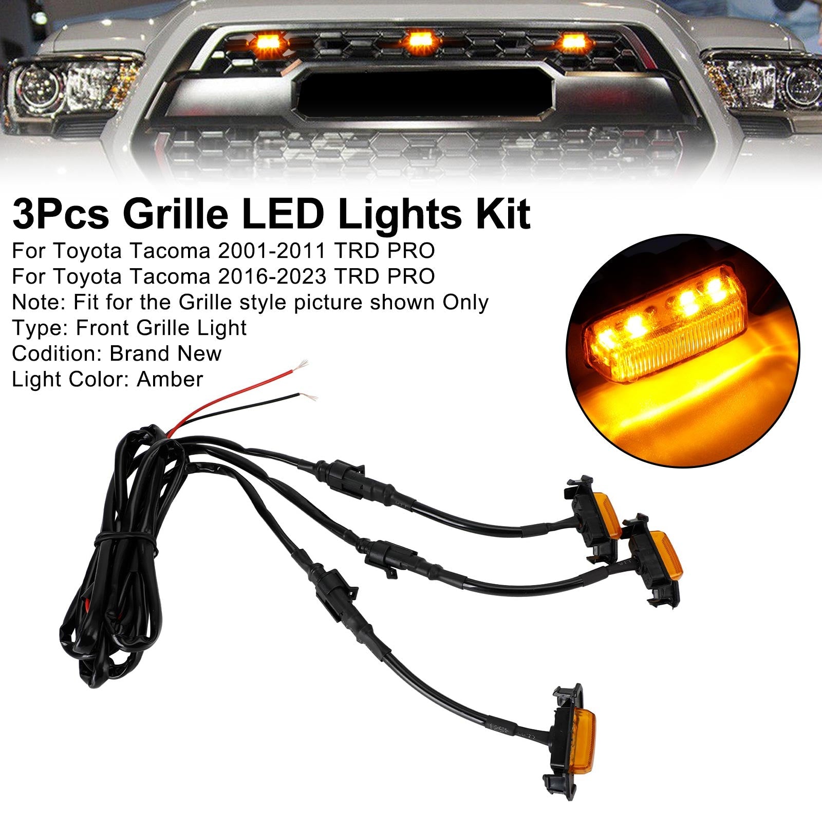 2001-2011 2016-2023 تويوتا تاكوما TRD PRO 3PCS غطاء المصد الأمامي مصبغة أضواء LED