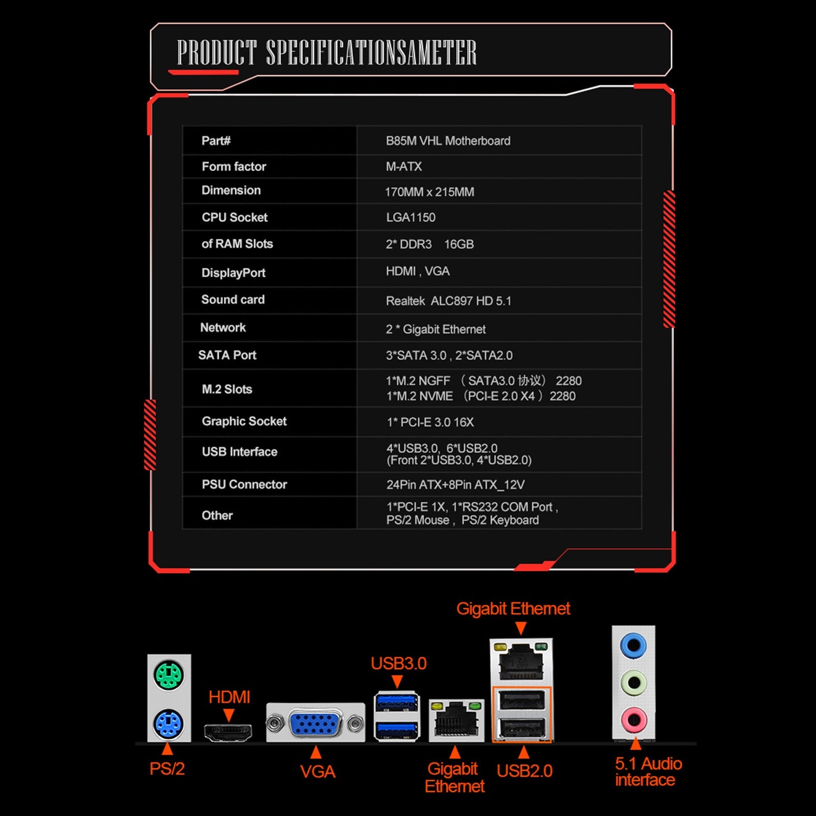 LGA 1150 support 2*DDR3 USB3.0 SATA3 NVME Plate Board PC B85M VHL Motherboard