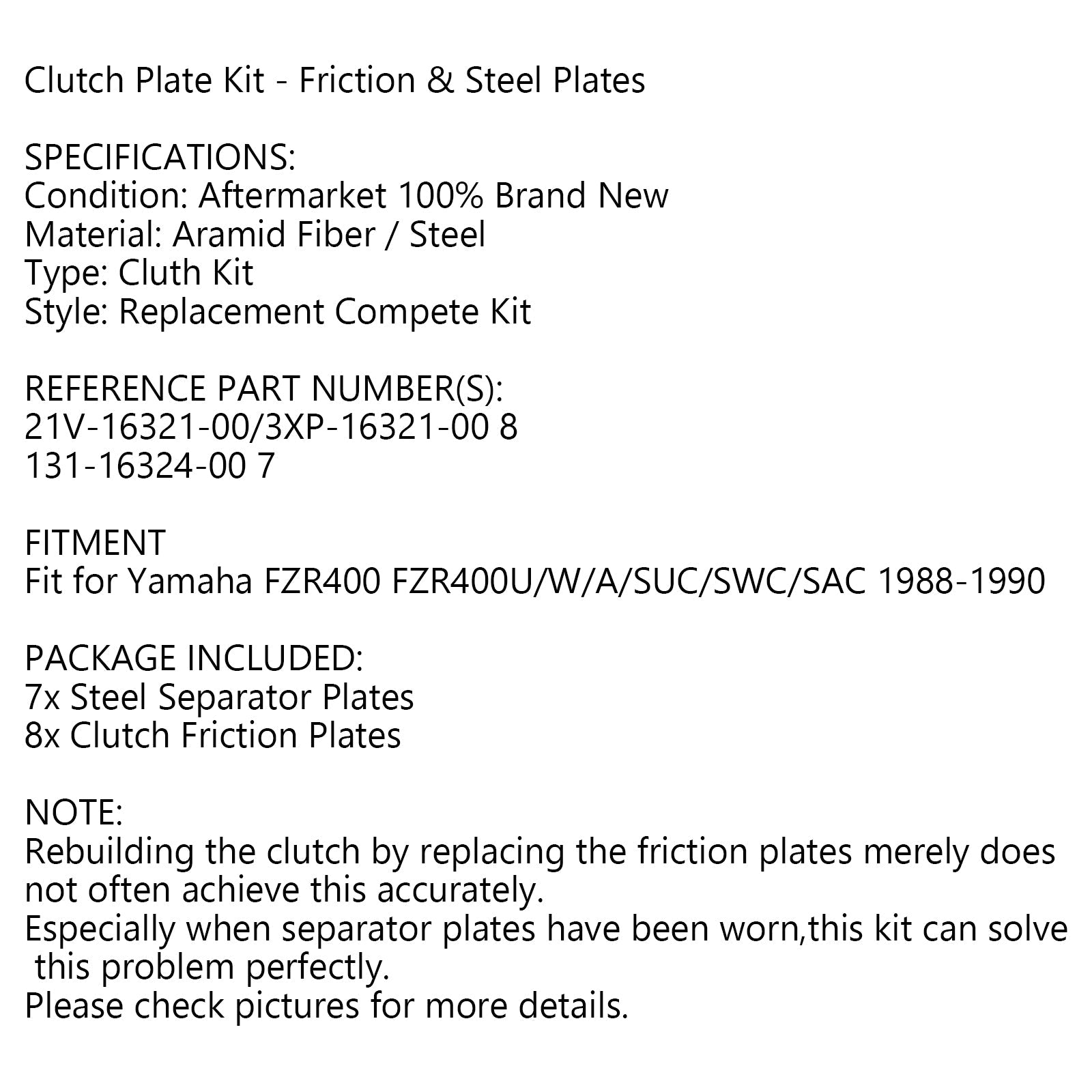 Clutch Kit Steel & Friction Plates for Yamaha FZR400 FZR400U/W/A/SUC/SWC 1988-90 Generic