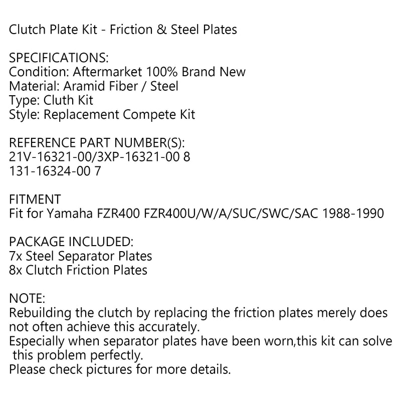 Clutch Kit Steel & Friction Plates for Yamaha FZR400 FZR400U/W/A/SUC/SWC 1988-90 Generic