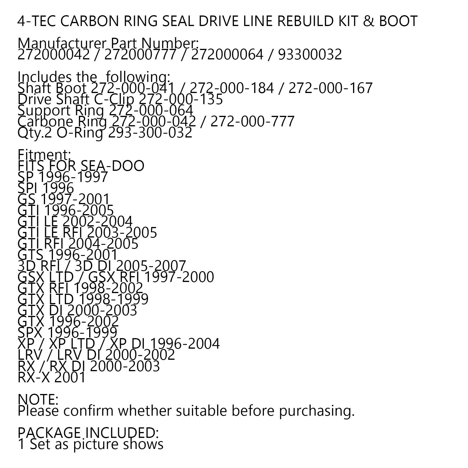 272000042 / 272000777 / 272000064 / 93300032 Carbon Seal Drive Line Rebuild Repair Kit & Boot for Sea Doo 717 720 787 800 951