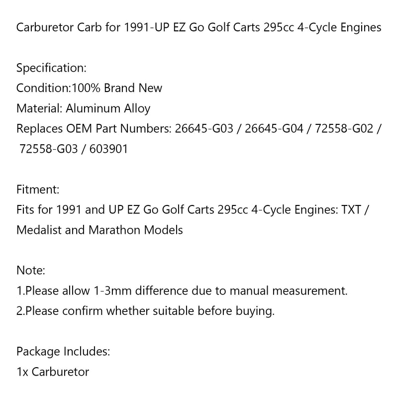 CARBURADOR Carb para EZ Go / EZGO Golf Carts 295cc 4 Cycle Engine 1991-Up Genérico