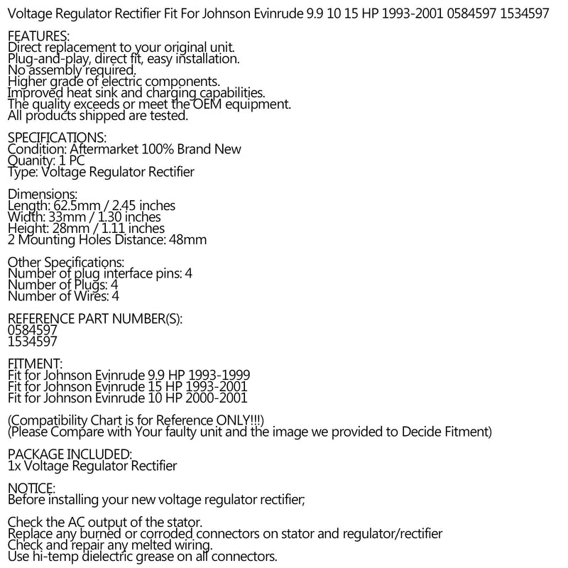 Rectifier Regulator Fit for Johnson Evinrude 9.9Hp 10Hp 15Hp 1993-2001 0584597
