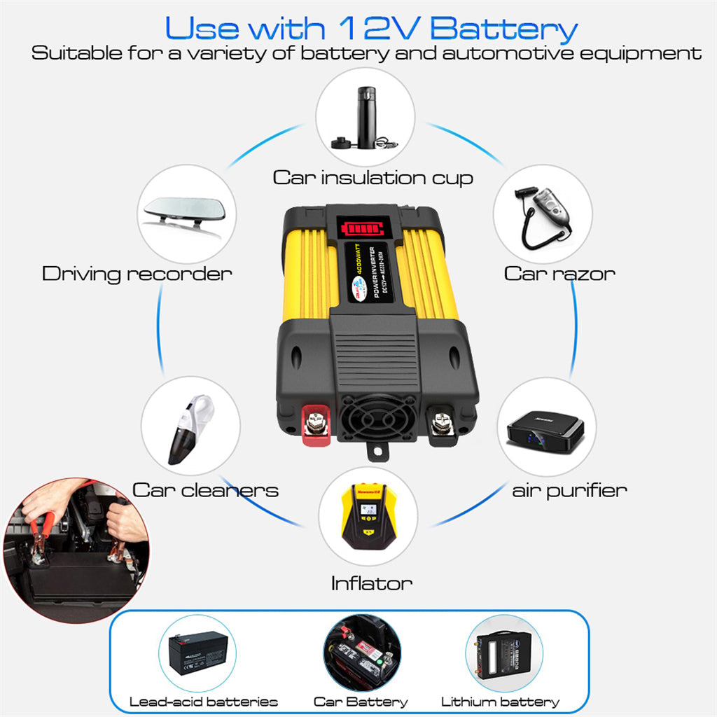 Inversor de onda sinusoidal de potencia de coche de 4000 W con pantalla LED DC 12 V a inversor de CA 220 V