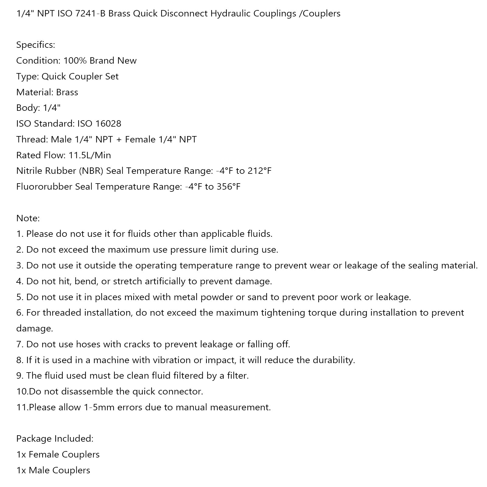 1 مجموعات 1/4 "NPT ISO 7241-B قطع الاتصال السريع وصلات هيدروليكية/مقرنات نحاسية