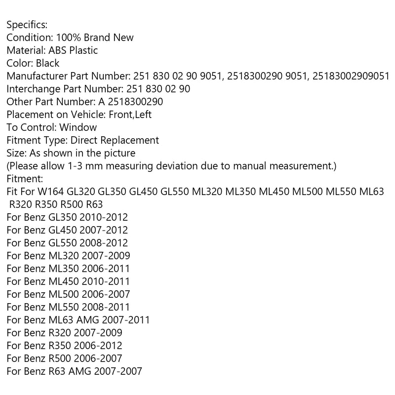 مفتاح نافذة الطاقة لبنز ML350 Master 2006-2011 A 2518300290 عام