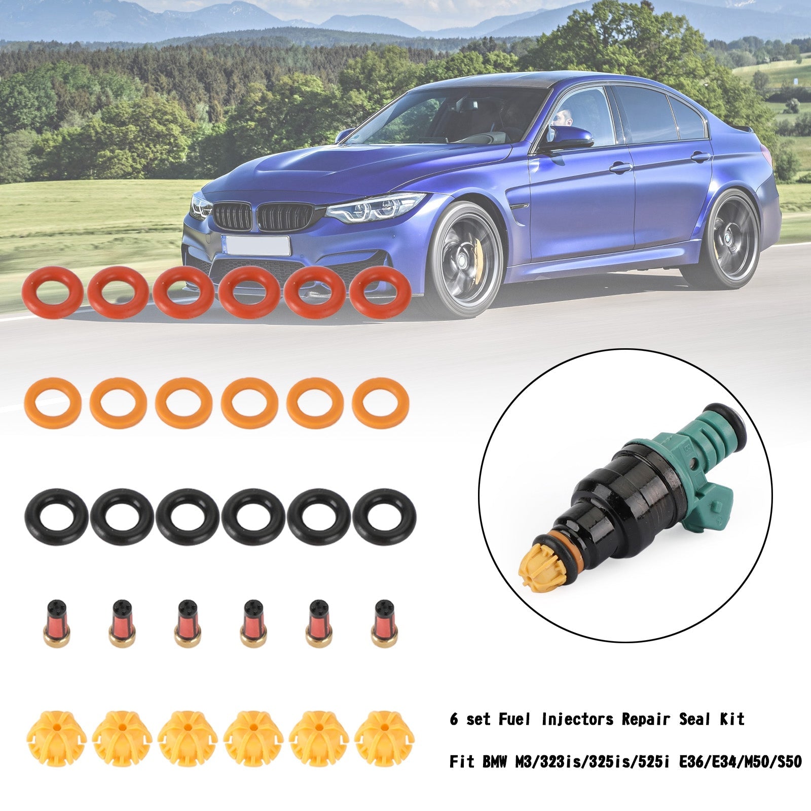 6 set Fuel Injectors Repair Seal Kit Fit BMW M3/323is/325is/525i E36/E34/M50/S50 Generic