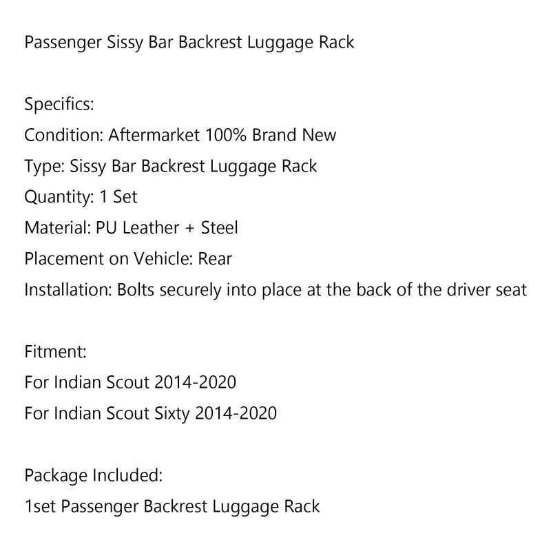 2014-2020 Indian Scout Sixty / Scout pasajero Sissy Bar respaldo portaequipajes