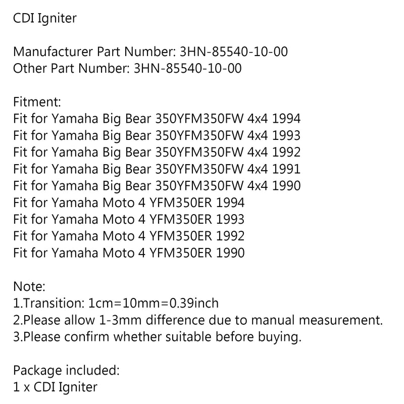 Ignition CDI Box Fit for Yamaha YFM 350 Big Bear Moto 4 YFM350 3HN-85540-10-00 Generic