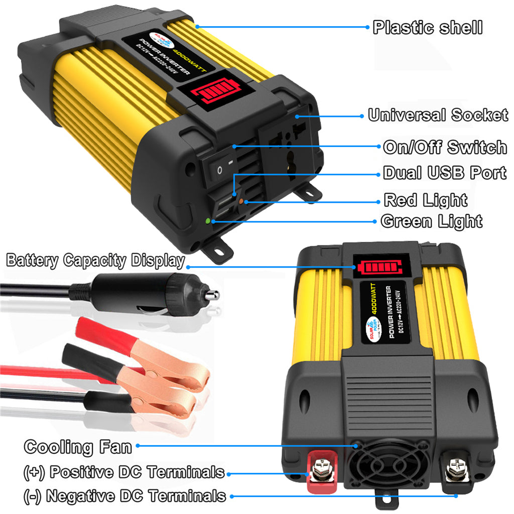 Inversor de onda sinusoidal de potencia de coche de 4000 W con pantalla LED DC 12 V a inversor de CA 220 V