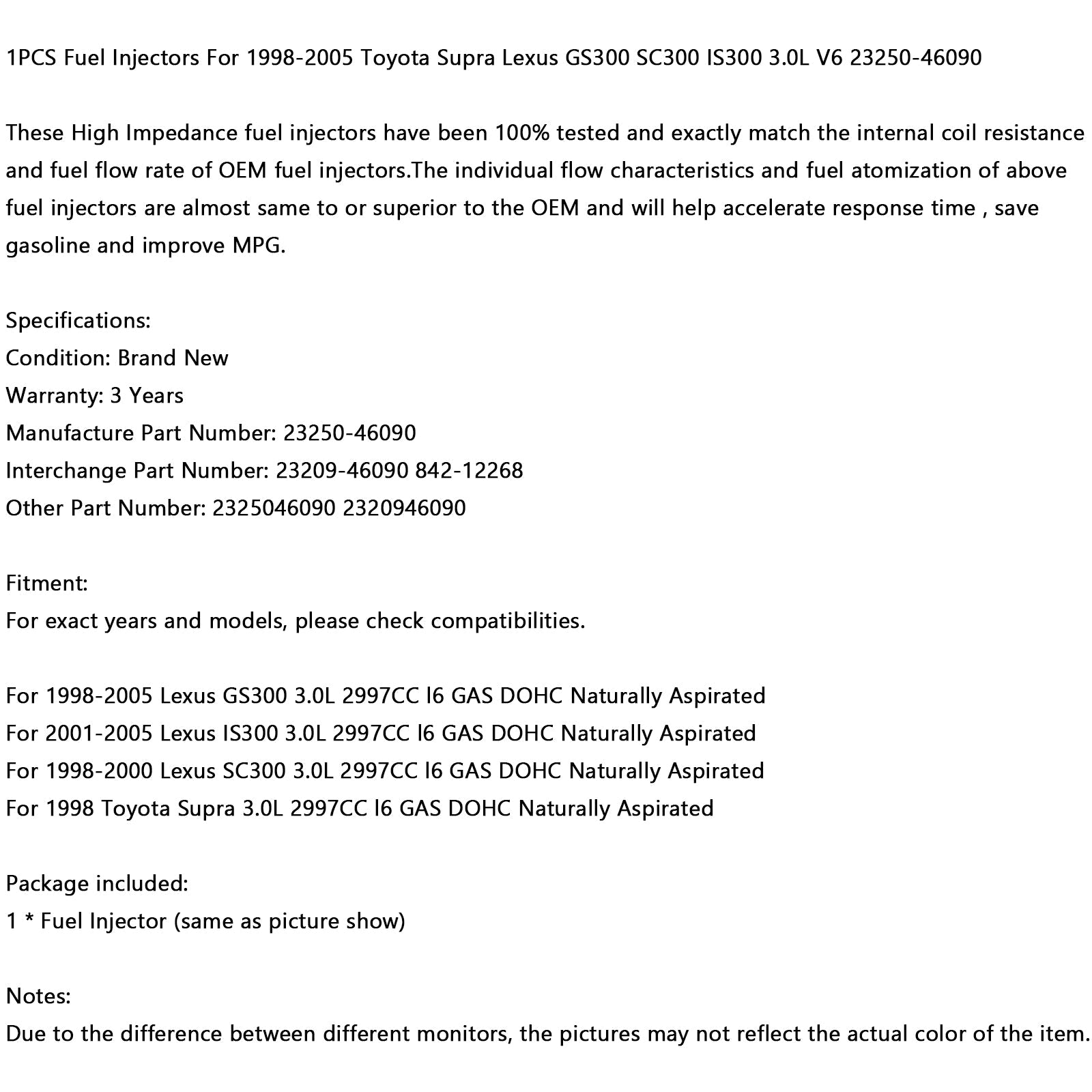 1x Fuel Injector 23250-46090 For Toyota Supra Lexus GS300 SC300 IS300 3.0L Generic
