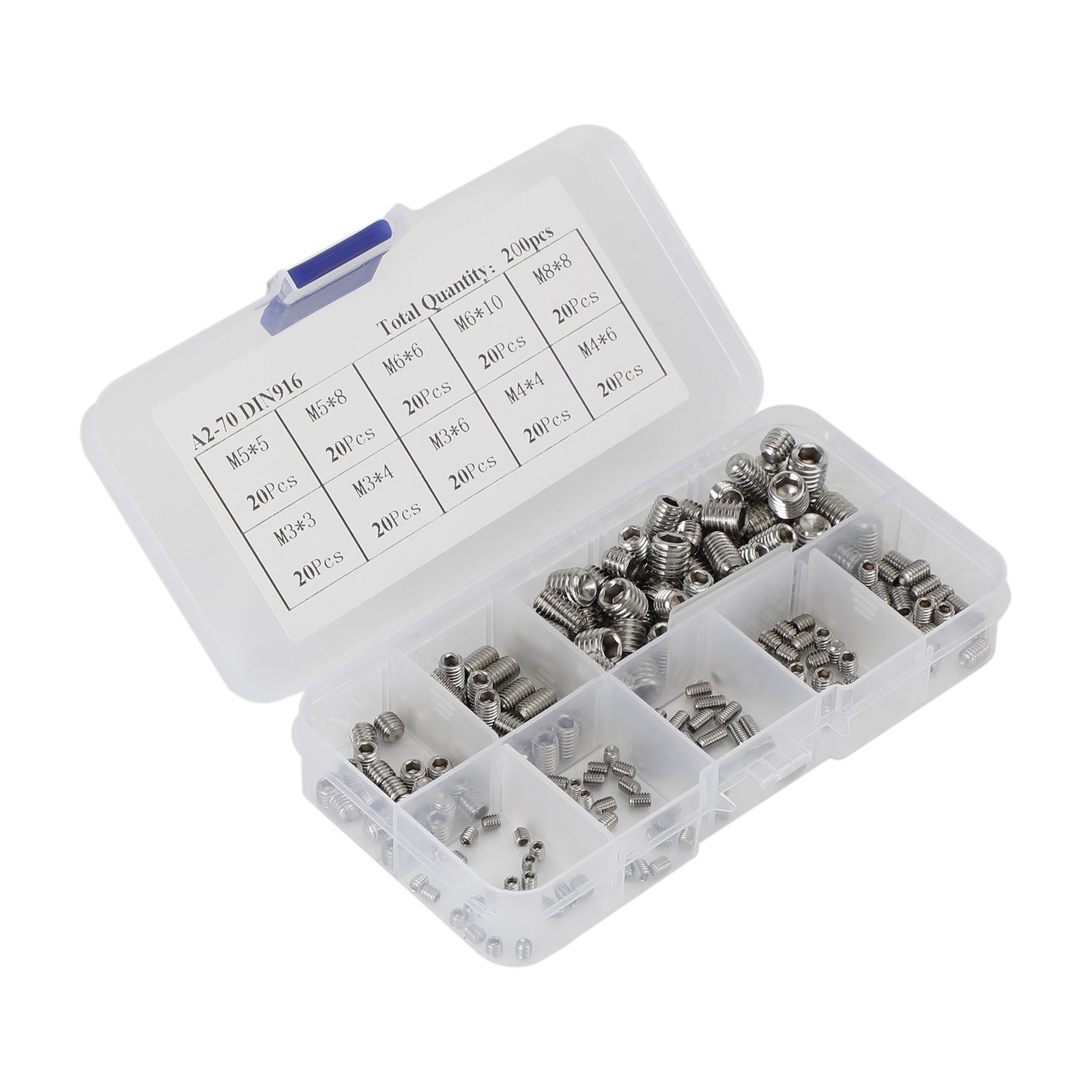 200Pcs Stainles Steel M3-M8 Hex Socket Set Screw Grub Screws Assortment Kit