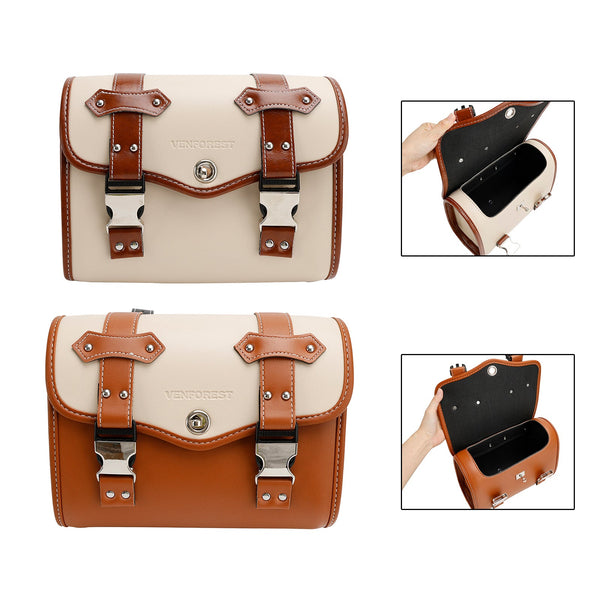 Saddlebag Side Storage Tool Bag Universal Color Matching Pu For Motorcycle Brown-White