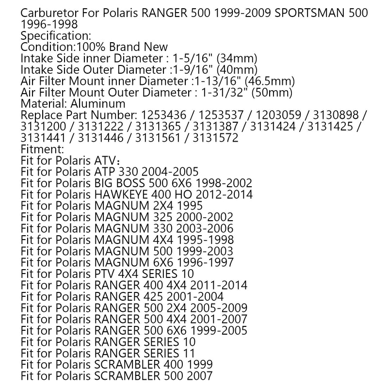 Carburador Carb para Polaris RANGER 500 1999-2009 SPORTSMAN 500 1996-1998 Genérico