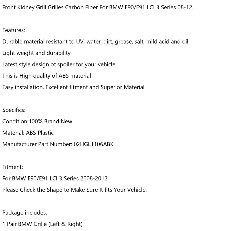 شبكات شواء الكلى الأمامية من ألياف الكربون تناسب BMW E90/E91 LCI 3 Series 2008-2012 Generic