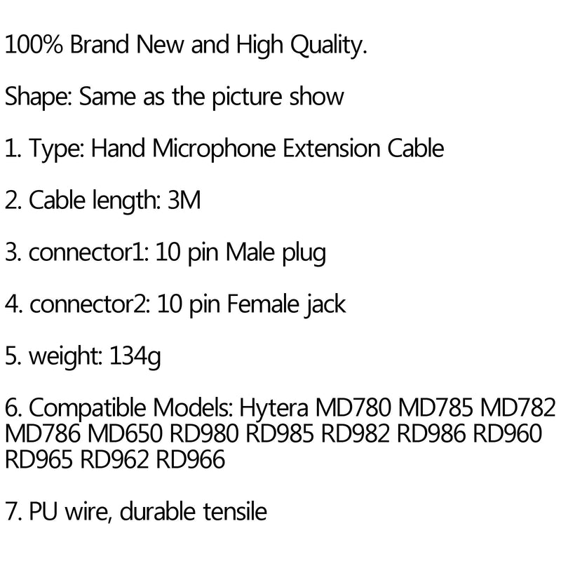 Cable de extensión de micrófono de mano repetidor de coche 3M para Hytera MD780 MD650 RD980 