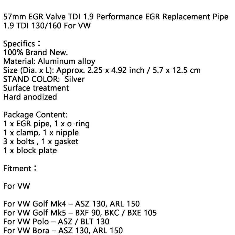 Válvula de 57 mm TDI 1.9 Tubo de repuesto de rendimiento 1.9 TDI 130/160 para VW