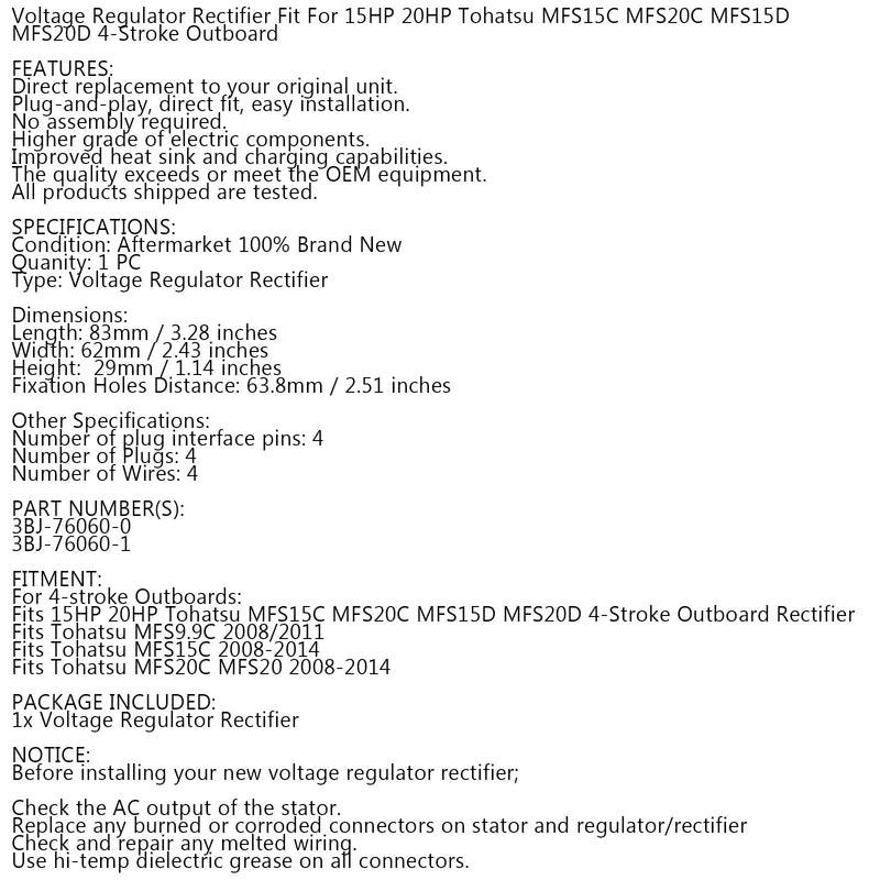 Voltage Regulator Rectifier Fit for Mercury Mercruiser F 10hp 15hp 20hp 4-sroke Outboards Generic
