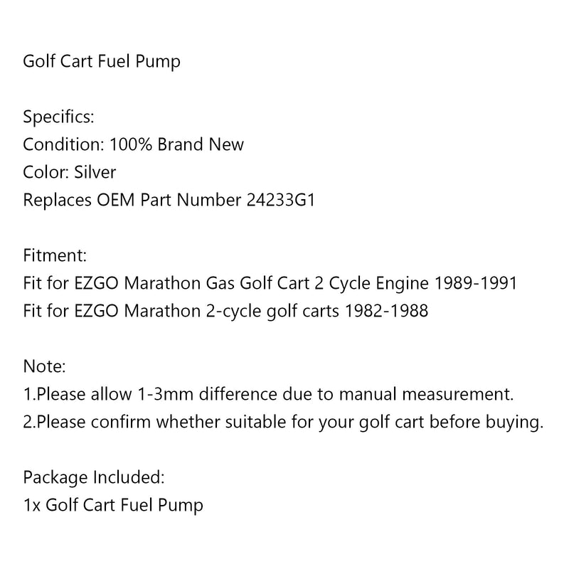 24233G1 Bomba de combustible para EZGO 1989-1991 Motor de 2 ciclos Marathon Gas Golf Cart Genérico
