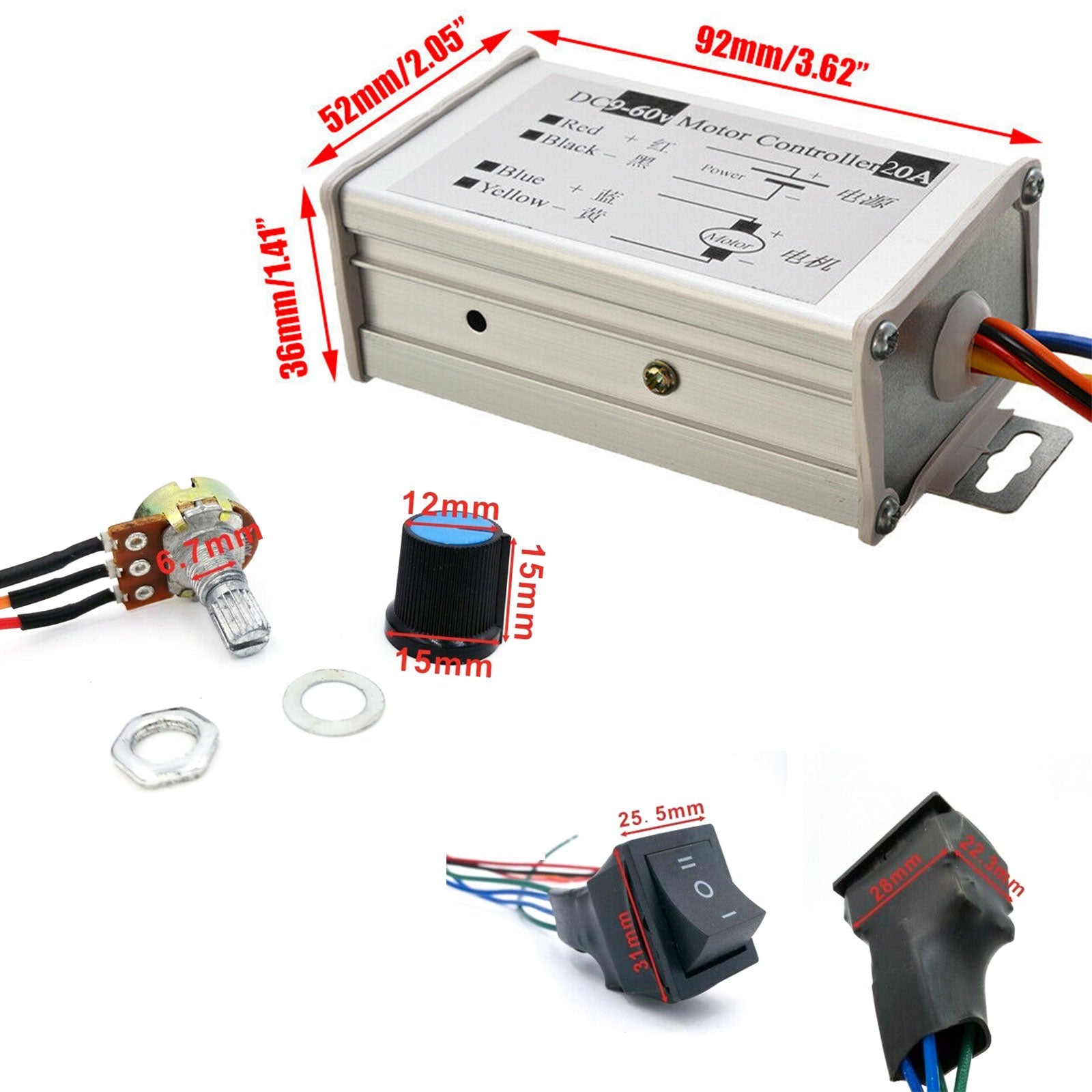 DC 9V-60V 20A PWM Motor Stepless Variable Speed Control Controller Switch