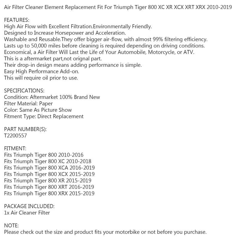 عنصر فلتر الهواء لـ Triumph Tiger 800 XC XCA XCX XR XRT XRX 2010-2019 عام