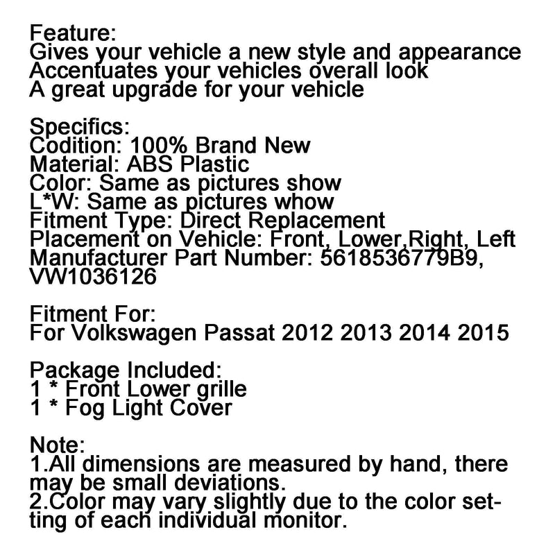 VW Passat 2012-2015 Parrilla inferior delantera Parrilla Cubierta de luz antiniebla Negro y cromo