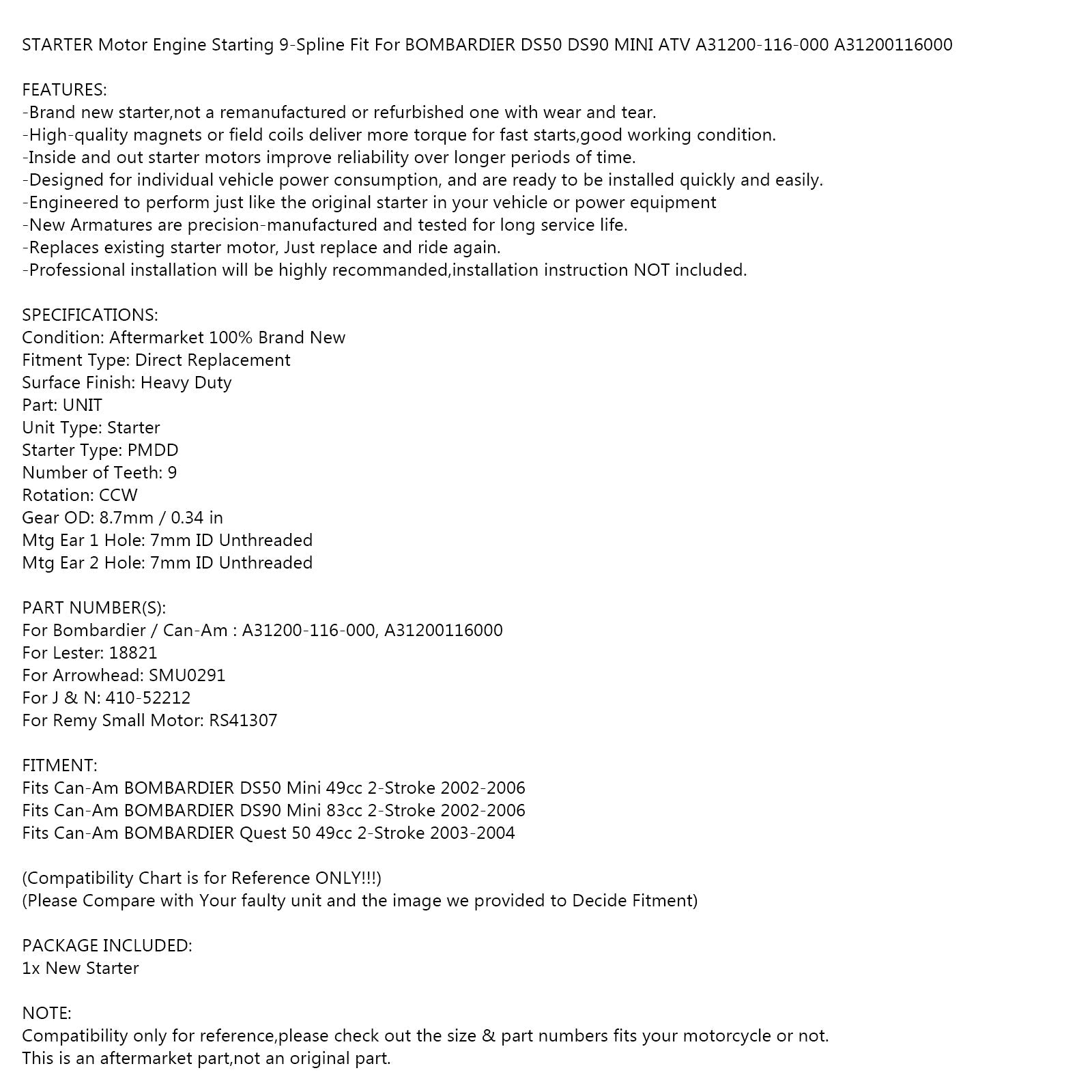 Starter Motor Fit for Bombardier DS50 DS90 Mini 2-Stroke 02-06 A31200-116-000 Generic
