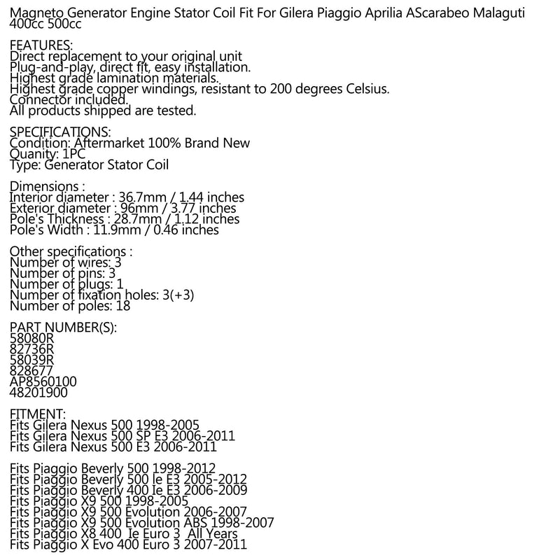 المولد المغناطيسي الجزء الثابت لـ Gilera Nexus 500 1998-2011 58080R 82736R AP8560100 عام