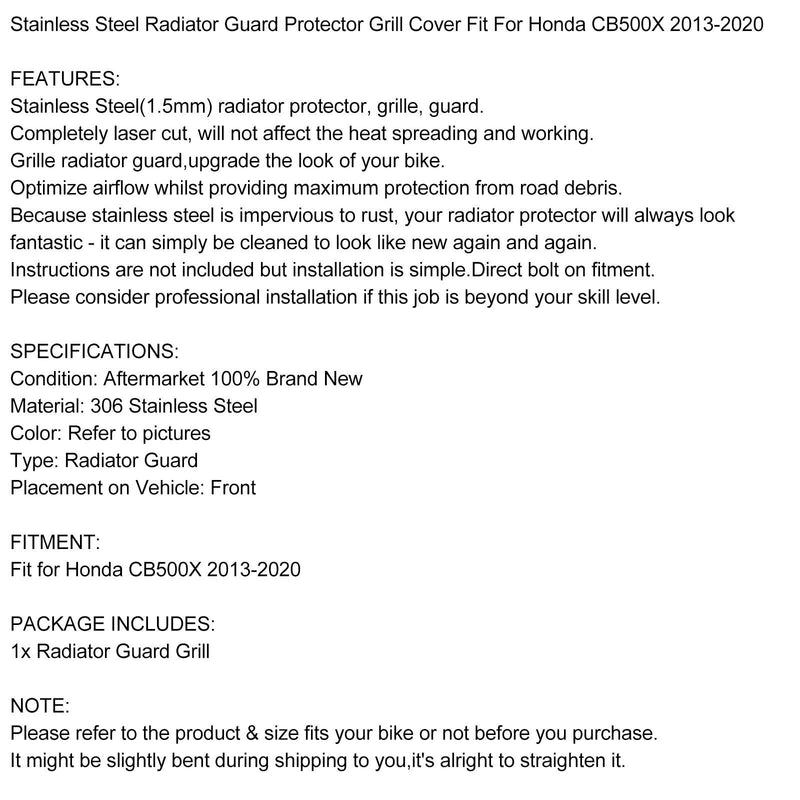 غطاء حماية الرادياتير أسود مناسب لهوندا CB 500 X 2013 - 2020 Generic