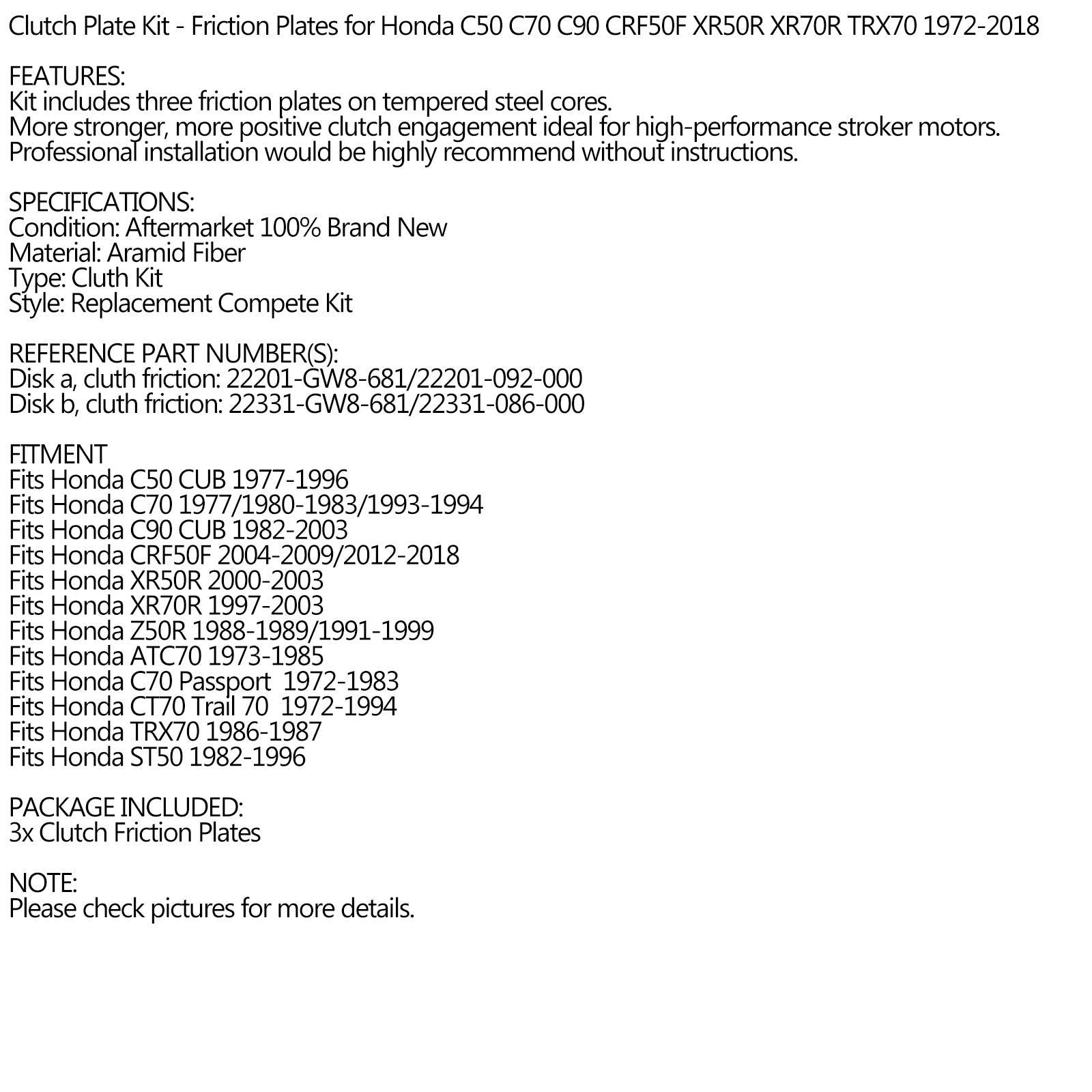 Juego de placa de fricción de embrague para Honda C50 C70 C90 CRF50F XR50R XR70R 1972-2018 genérico