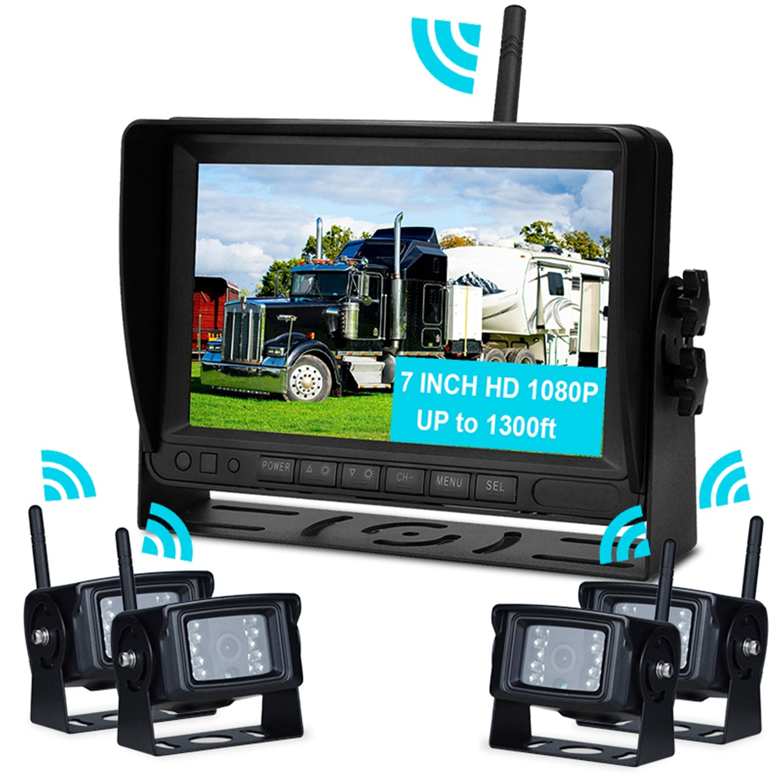 7" Wireless AHD 1080P Display 4CH Rear View Backup Camera Kit for Truck Trailer