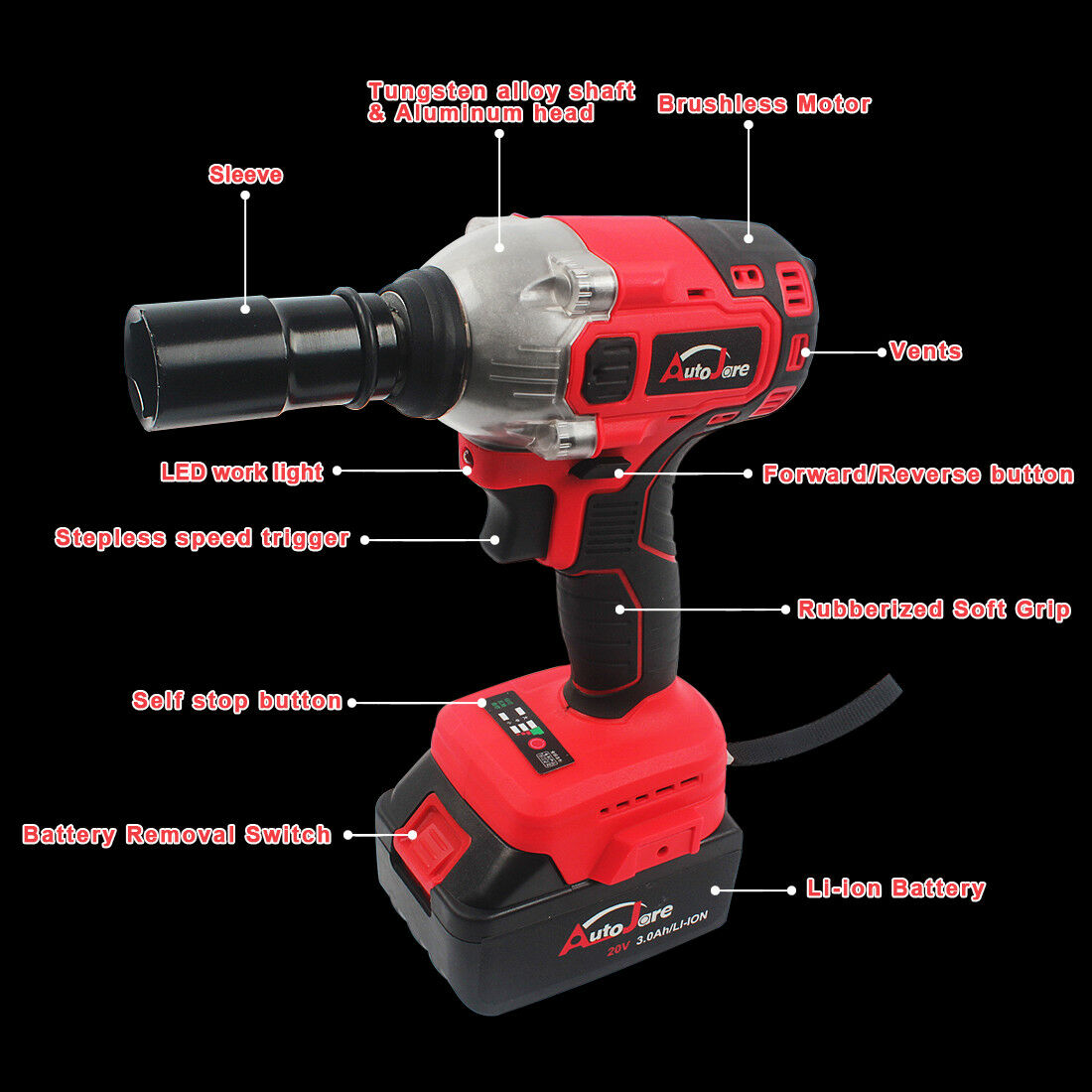 1/2" 21V Brushless Impact Wrench Torque Rattle Gun Electric rachet w/battery