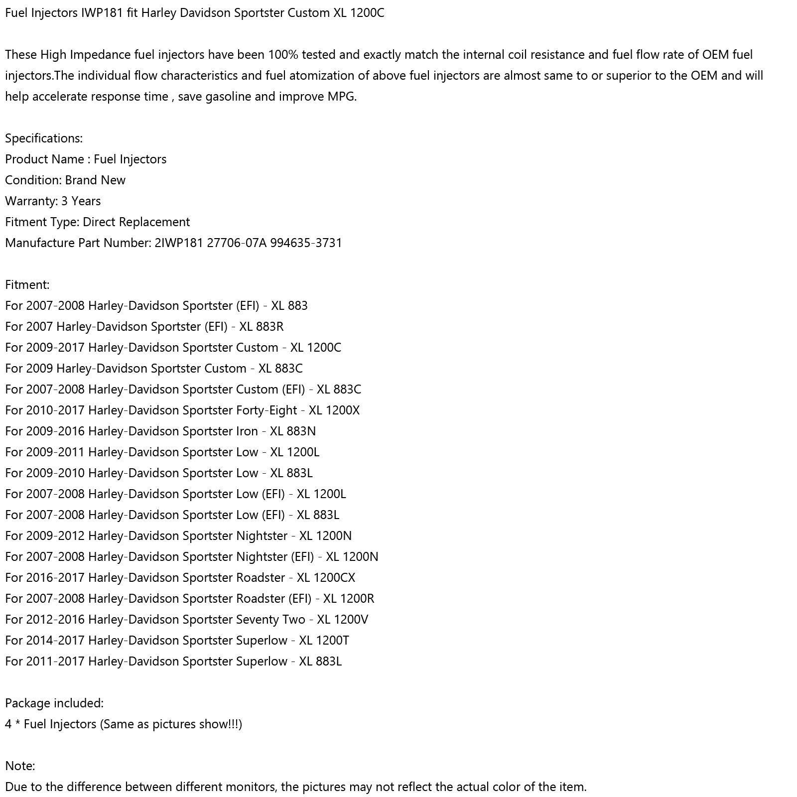 4pcs Fuel Injectors IWP181 fit Harley Davidson Sportster Custom XL 1200C Generic