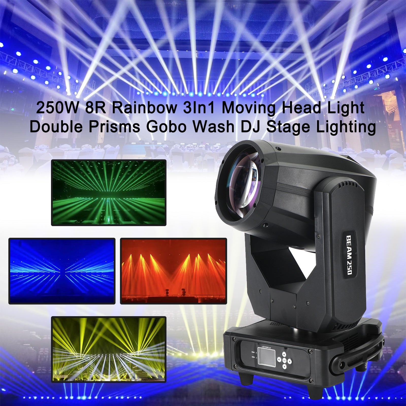 250W 8R قوس قزح 3In1 ضوء متحرك رئيسي مزدوج المنشور Gobo Wash Stage Lighting