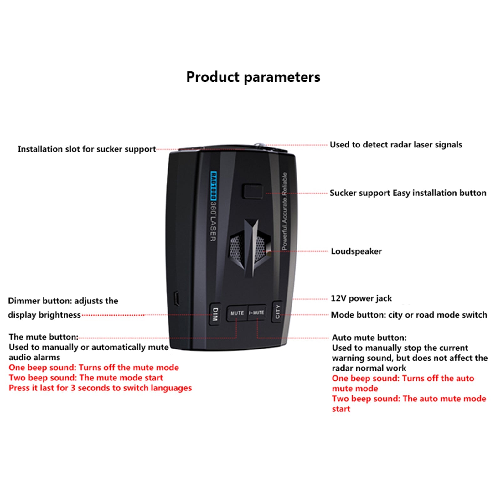 RAD1000 360属 Detector de medición de velocidad Lidar con radar de velocidad para perros electrónico láser para automóvil