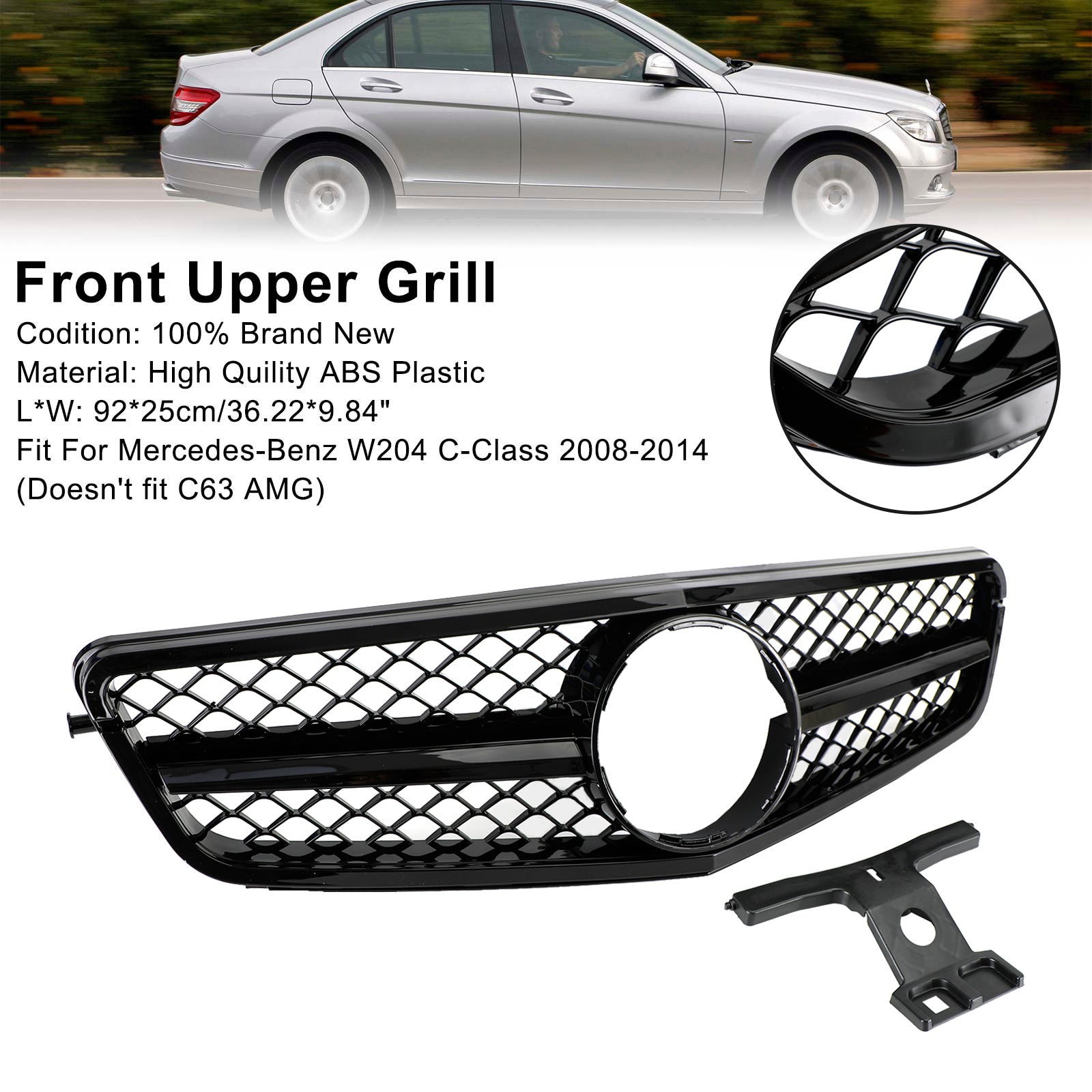 C63 Style Gloss Black Grill Grille Fits C-Class Benz W204 C300 C350 2008-2014