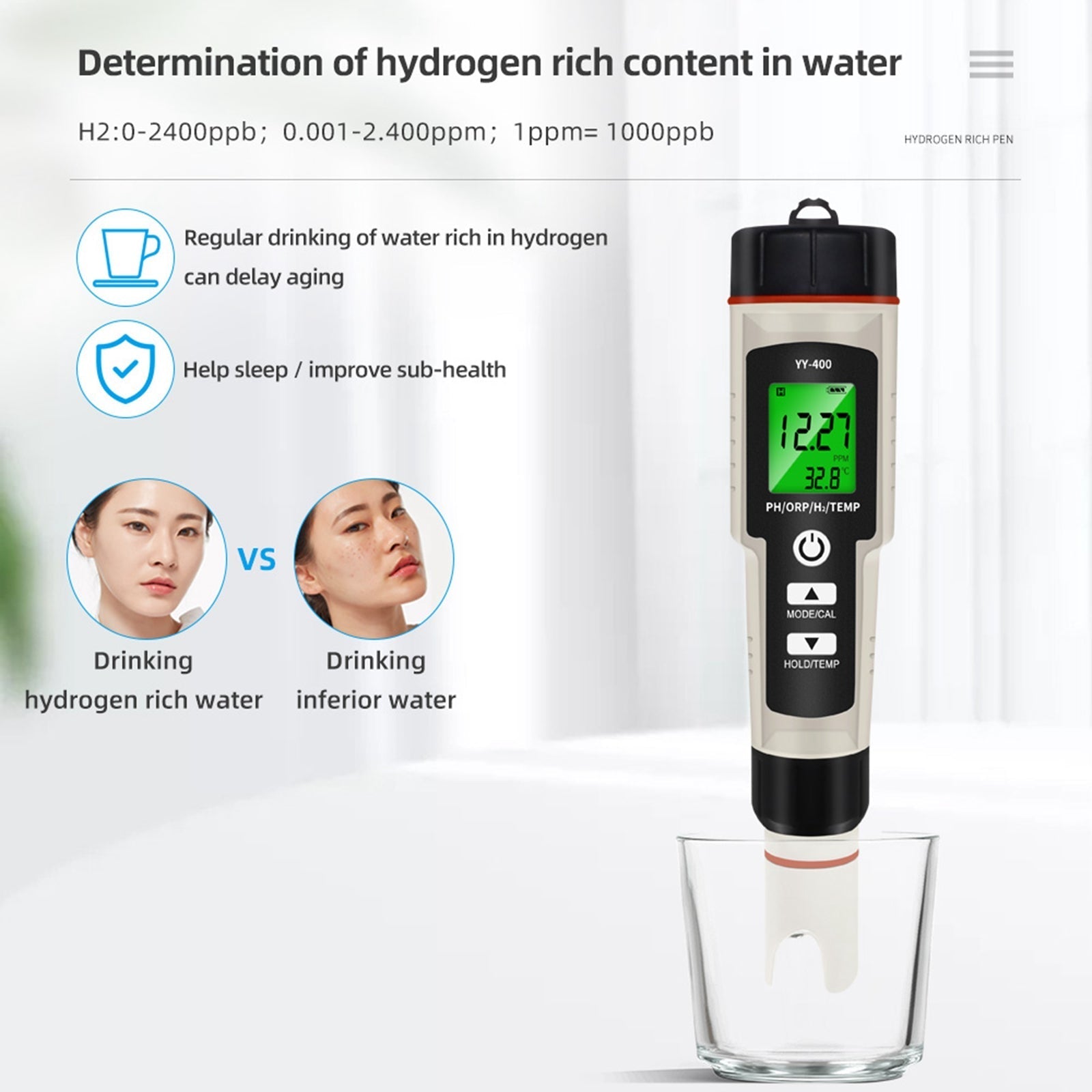 Portable 4 In 1 Hydrogen-Rich Test Pen H2 Enrichment PH/ORP/TEMP Water Quality Meter Tester