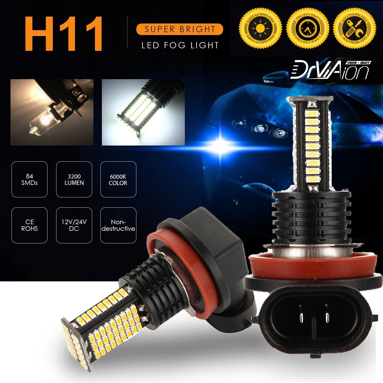 2PCS LED Headlight Driving Light Fog Light Lamp 6000K White Bright Generic