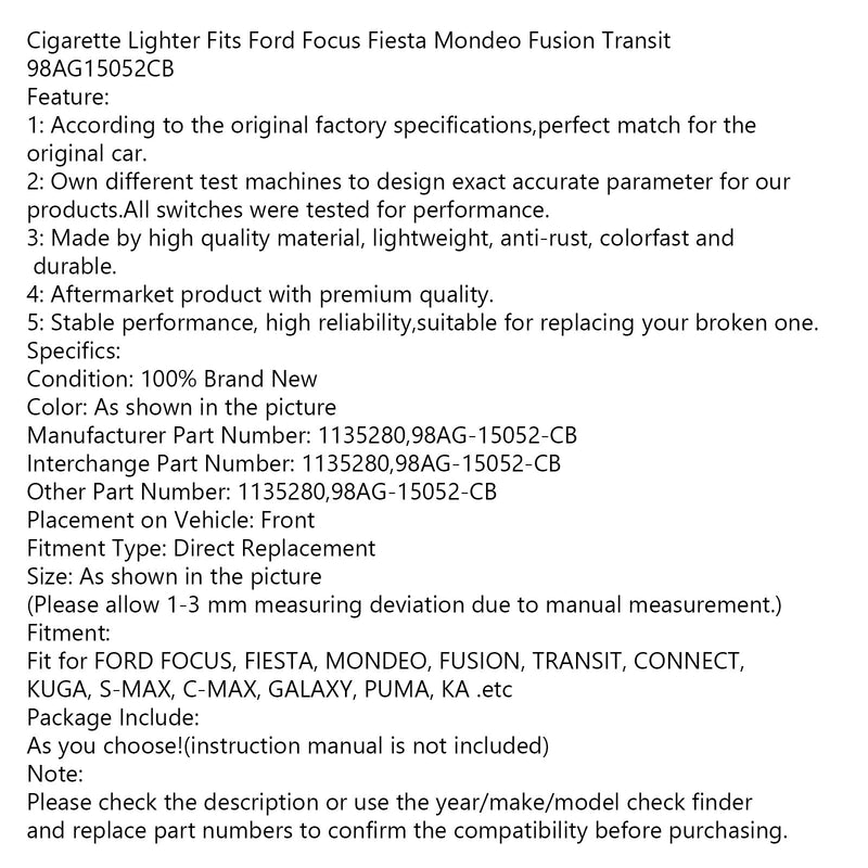 Encendedor de cigarrillos compatible con Ford Focus Fiesta Mondeo Fusion Transit 98AG15052CB genérico