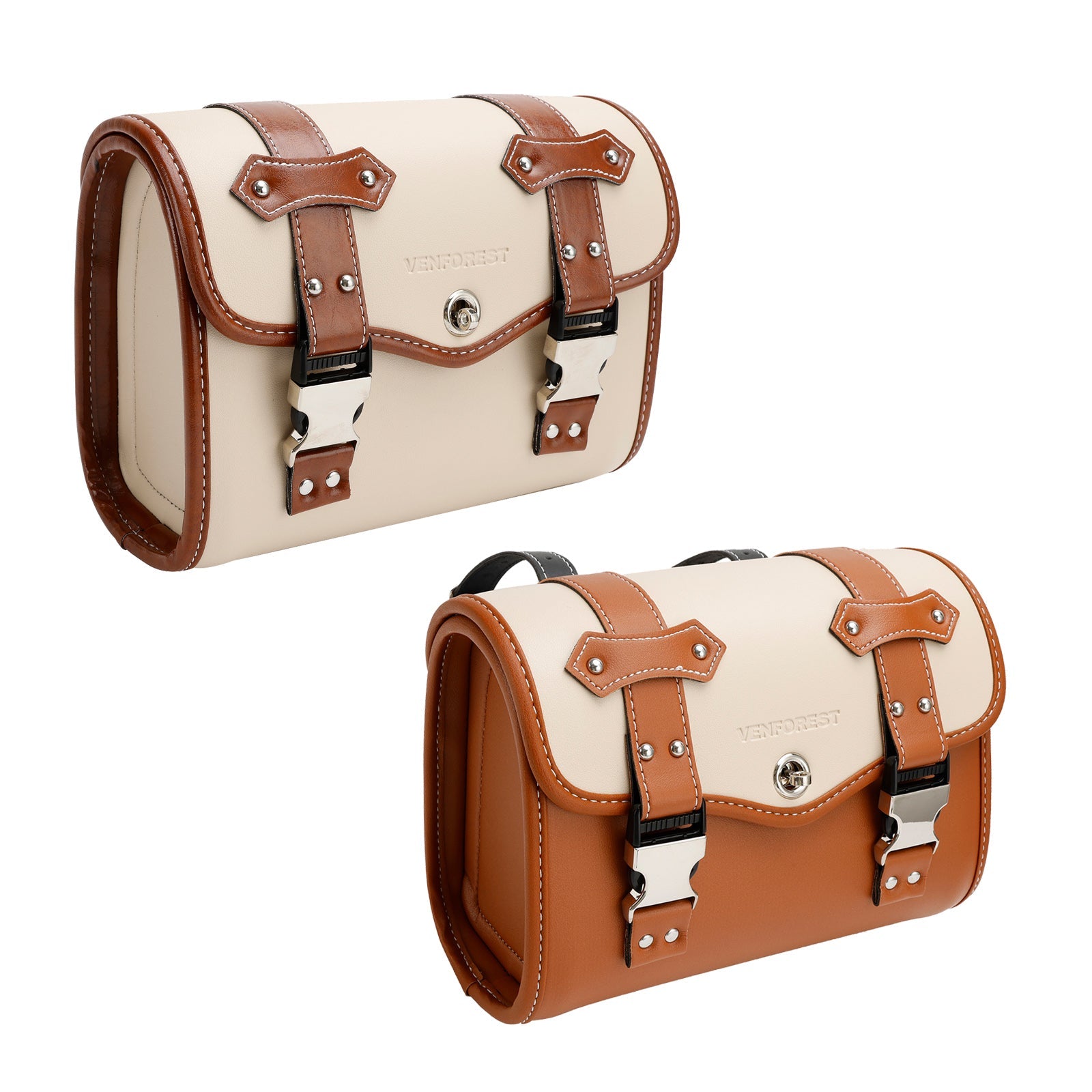 Saddlebag Side Storage Tool Bag Universal Color Matching Pu For Motorcycle Brown-White