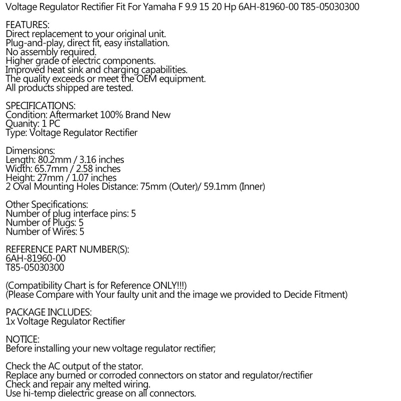 Rectifier Regulator Fit for Yamaha F9.9H F15 F20 06-17 6AH-81960-00 T85-05030300 Generic